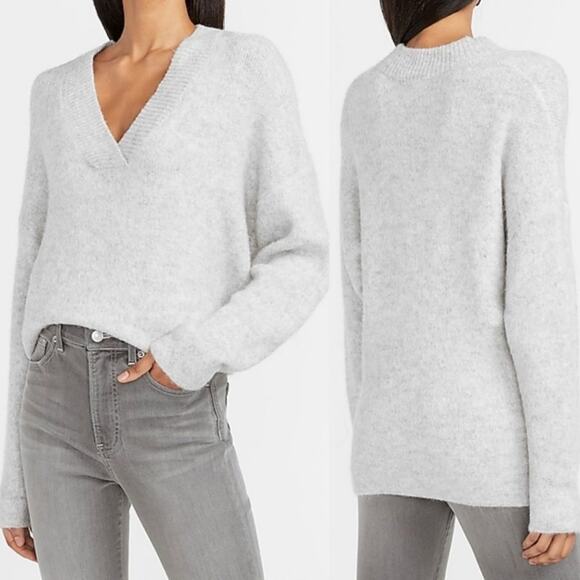 Express Womens Metallic Slouchy V-Neck Pullover Sweater Gray Marled Size L - Picture 2 of 7